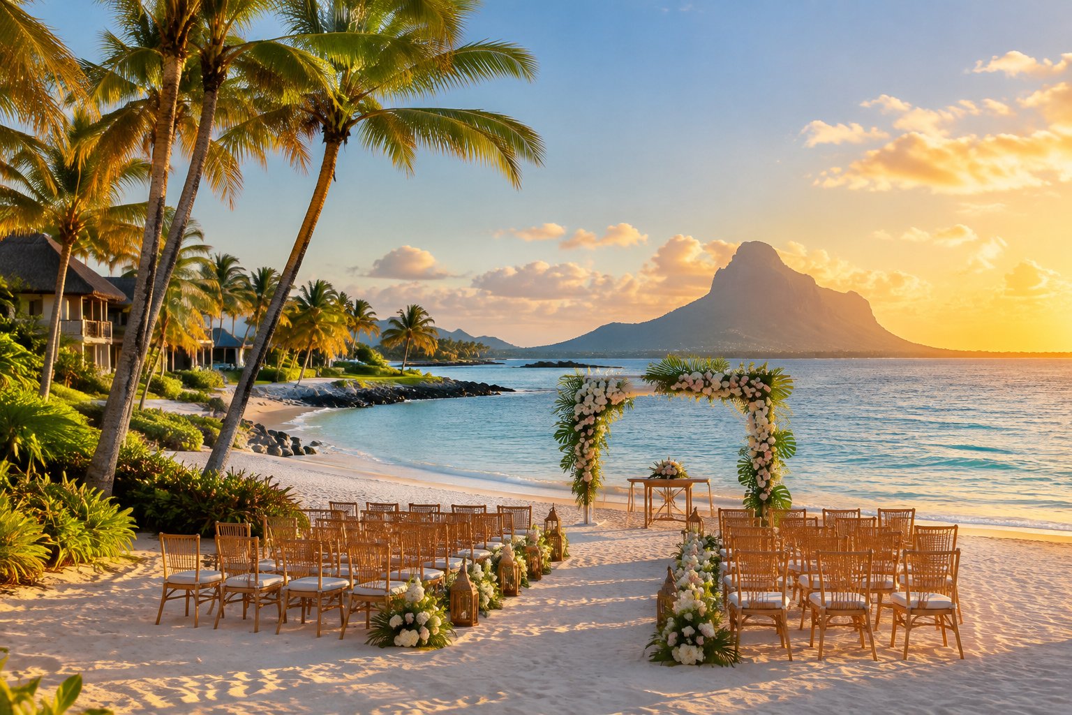 A luxury beach wedding ceremony setup on a white-sand beach in Mauritius, overlooking turquoise water and palm trees.
