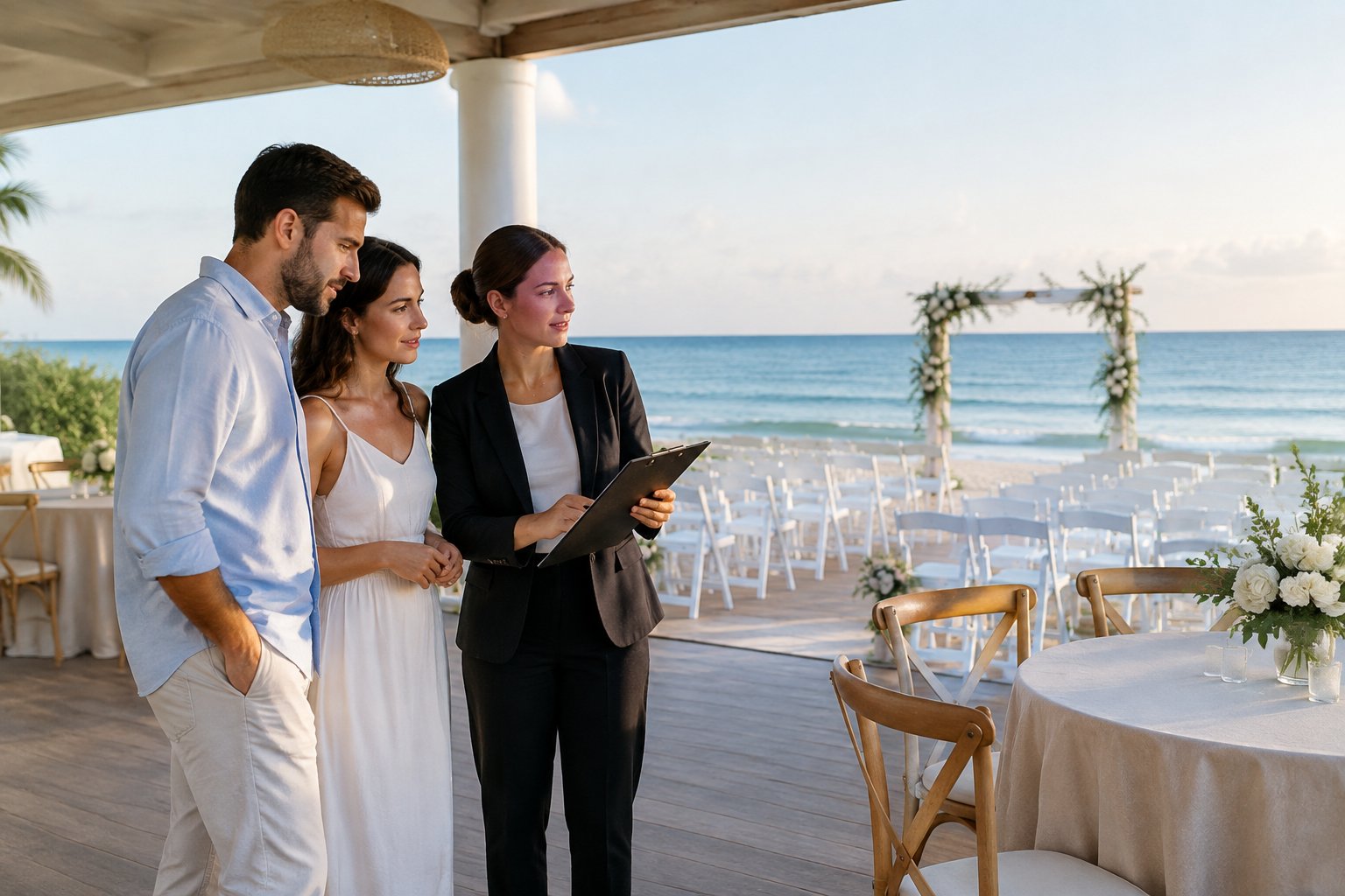 A couple reviews beach wedding venue details with a coordinator beside an oceanfront ceremony setup.