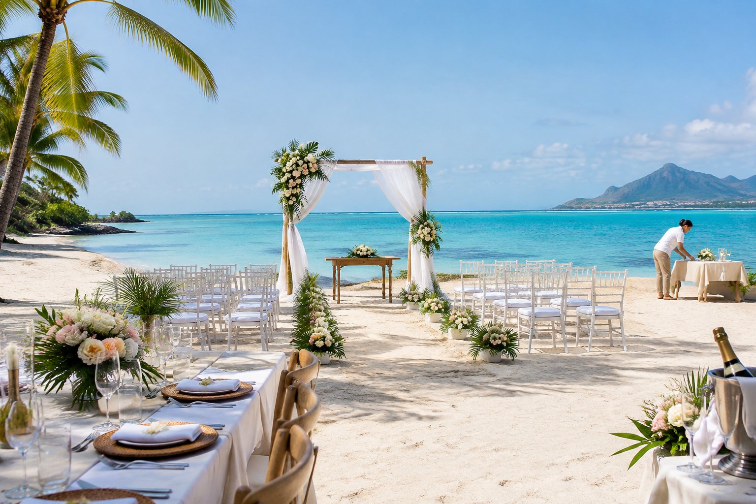 A decorated beach wedding ceremony and reception setup on the coast of Mauritius.
