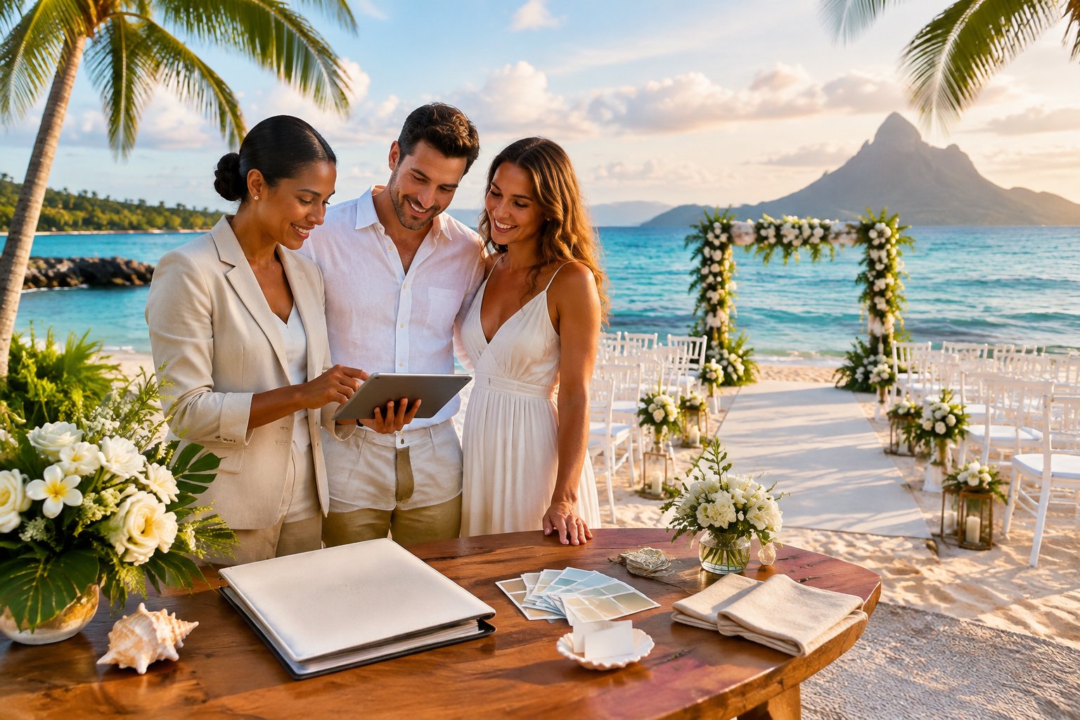 A couple and wedding planner organize a beach wedding setup beside the turquoise waters of Mauritius.