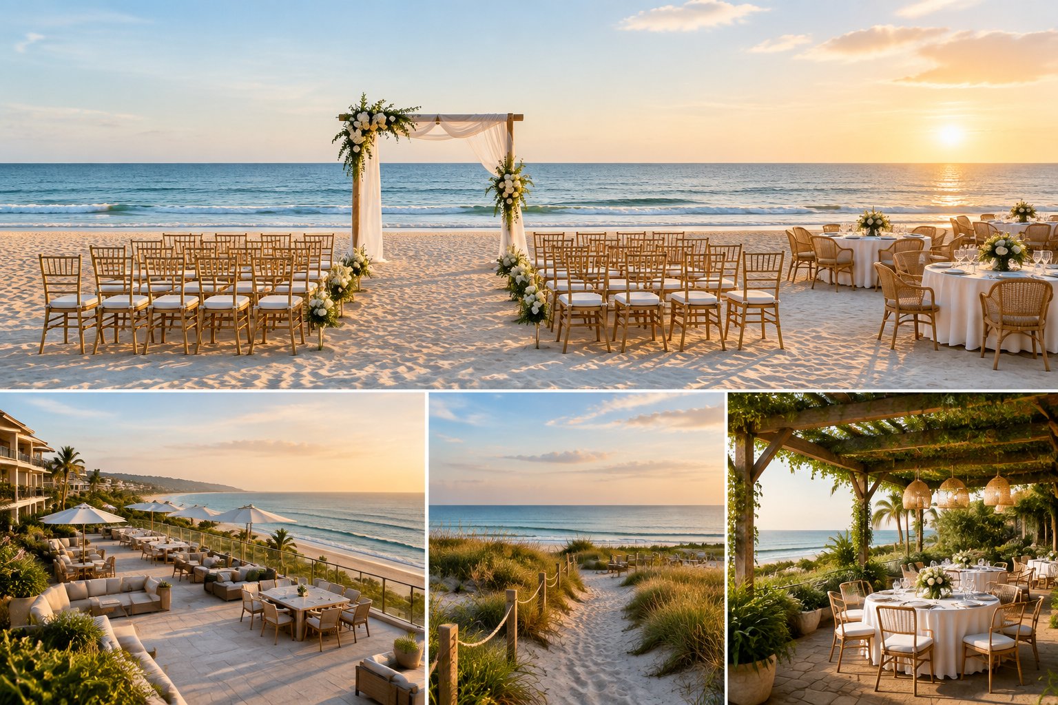 A decorated beach wedding ceremony and reception area overlooking the ocean.