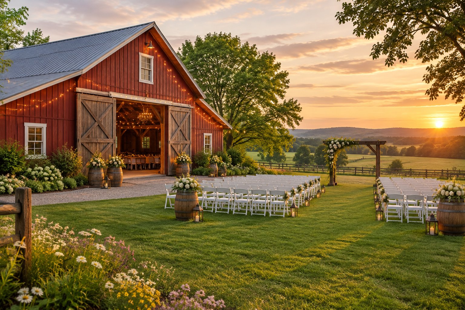A rustic red barn wedding venue with outdoor seating, floral decorations, and string lights in a countryside setting.