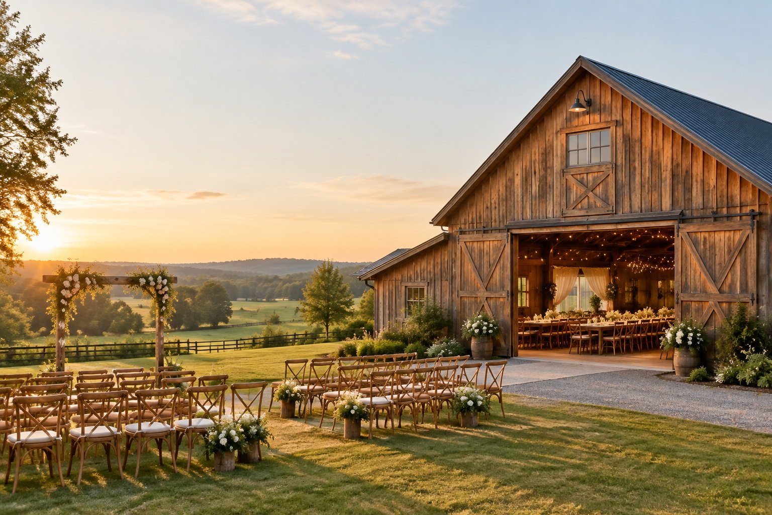 A restored rustic barn prepared for a wedding beside a decorated outdoor ceremony area and green countryside.