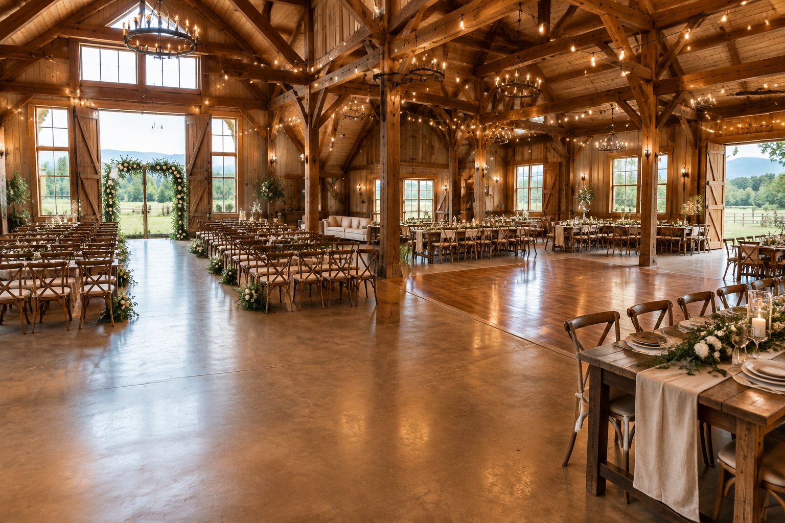 A spacious rustic barn arranged for a wedding ceremony, reception dinner, and dancing.