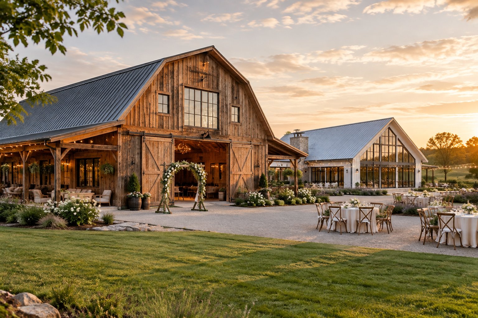 A landscaped countryside wedding venue with a restored timber barn, a modern adjoining structure, and elegant outdoor seating.