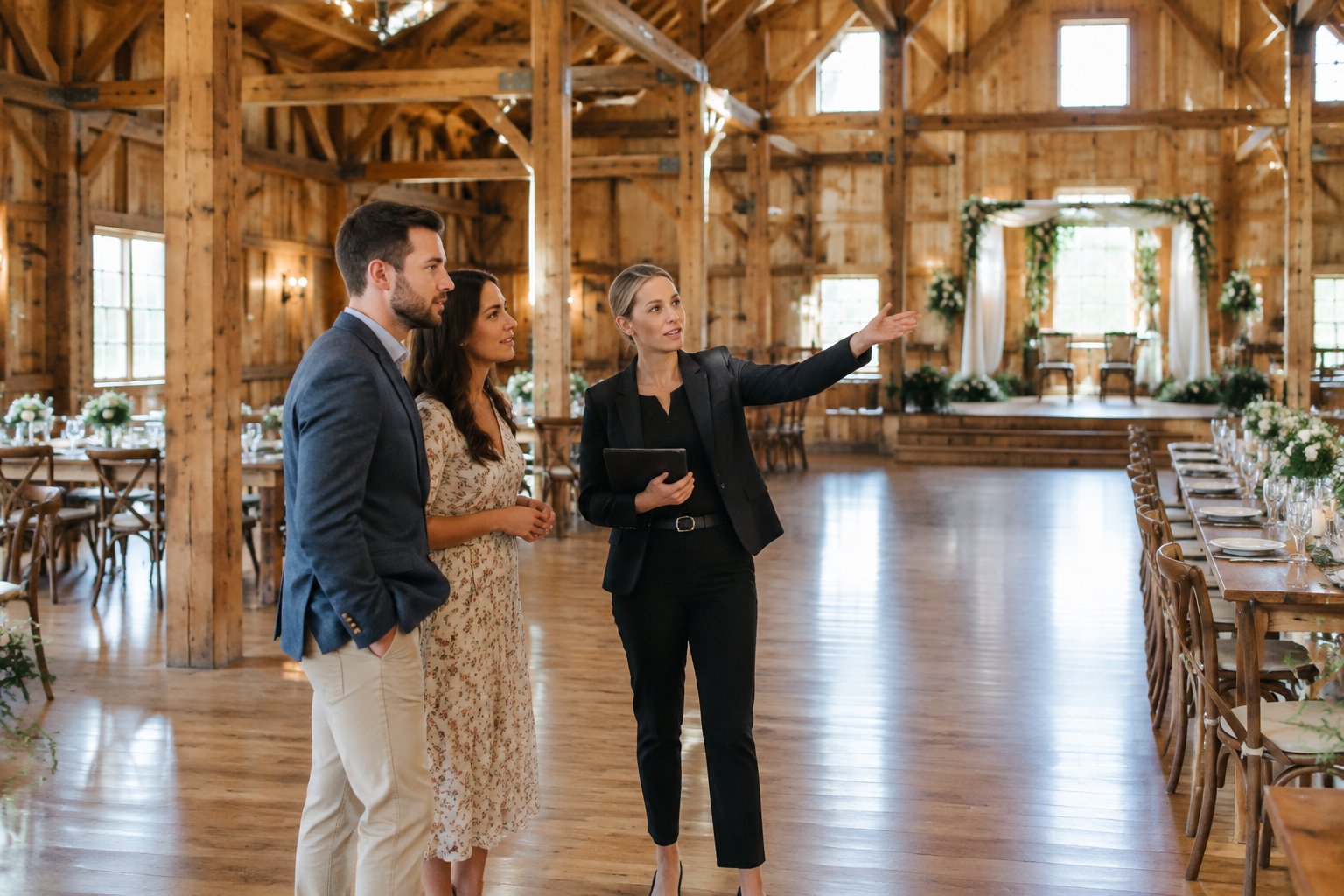 A couple tours a decorated barn wedding venue with a coordinator.