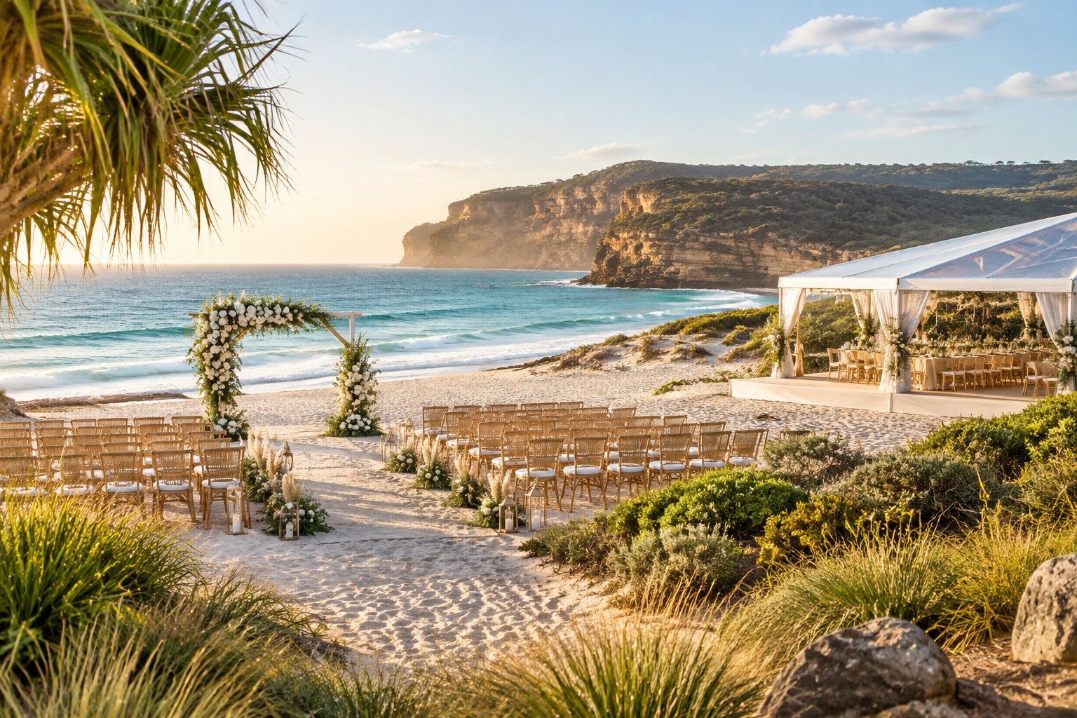 Elegant wedding ceremony setup on a sandy New South Wales beach beside the ocean.