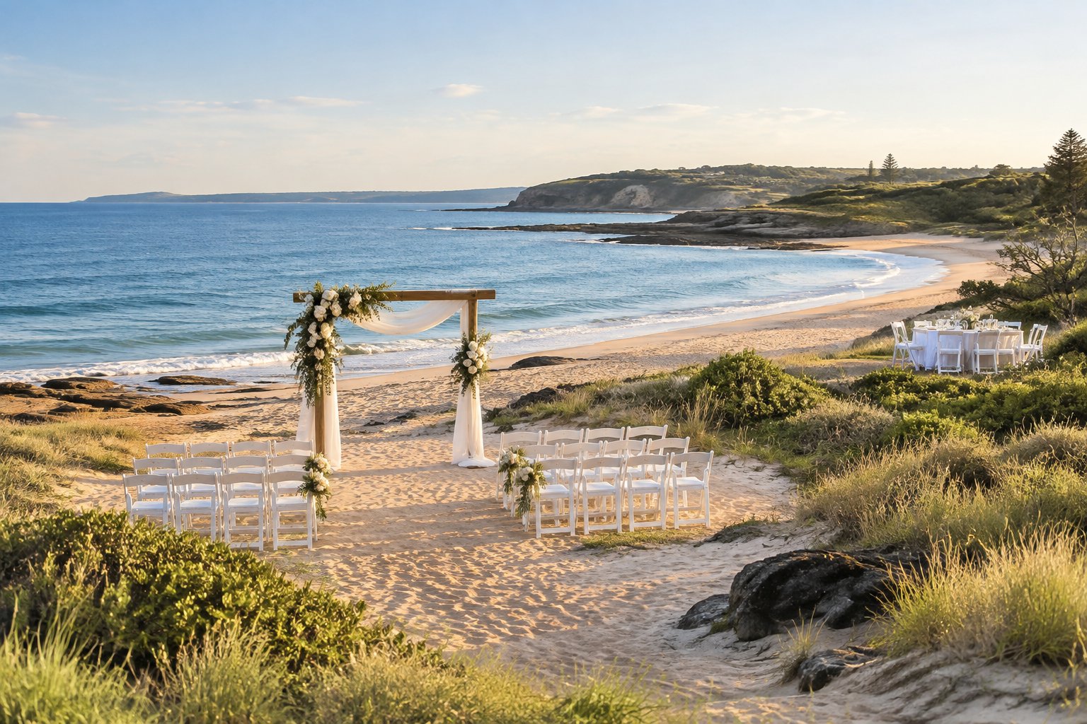 A beach wedding ceremony setup on a scenic New South Wales coastline with an ocean, sandy shore, and coastal vegetation.