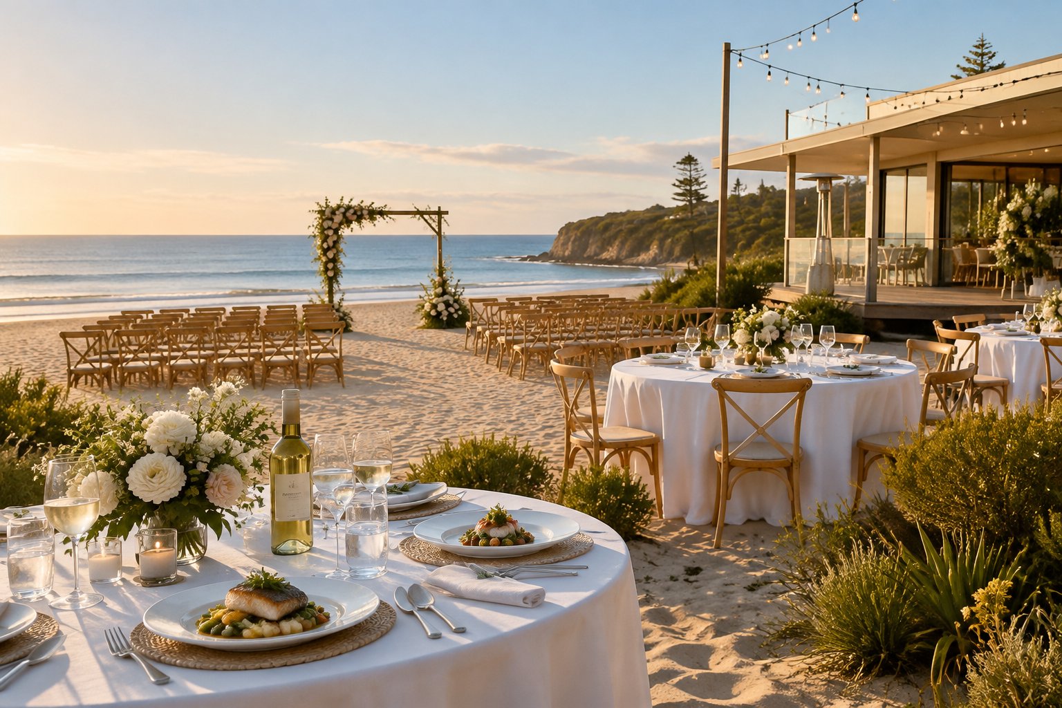 Elegant beach wedding ceremony and reception setup beside the ocean in New South Wales.