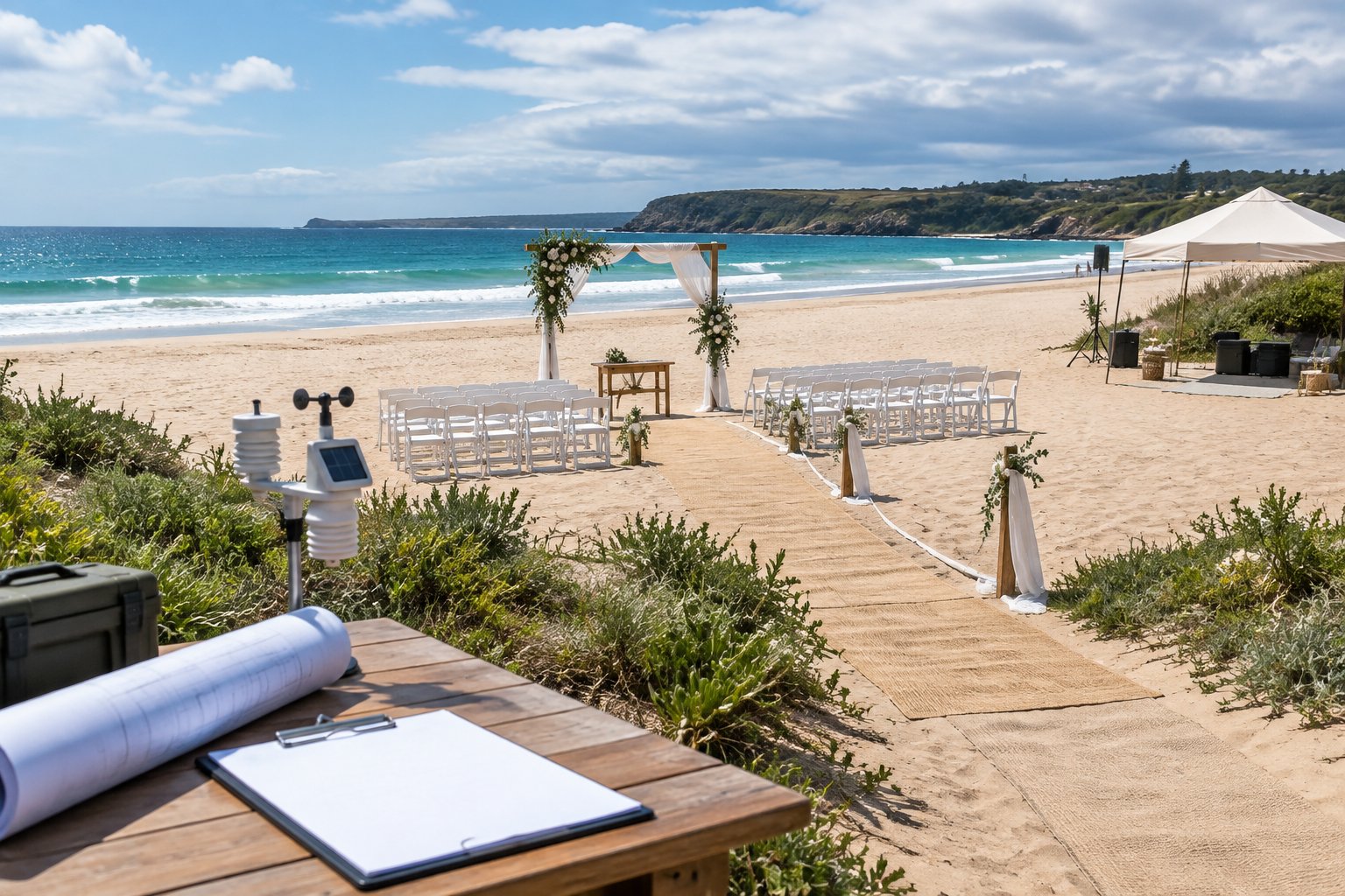 A prepared beach wedding ceremony setup on a sandy New South Wales coastline with chairs, an arch, and planning materials.