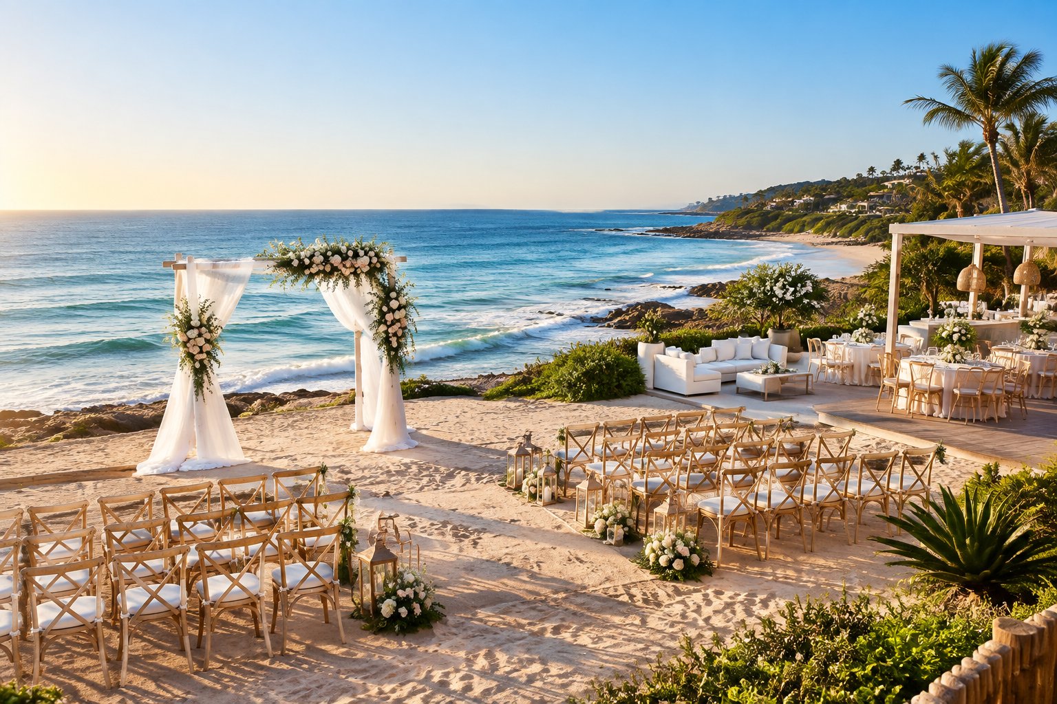 A decorated beach wedding ceremony setup overlooking the ocean in Ballito.