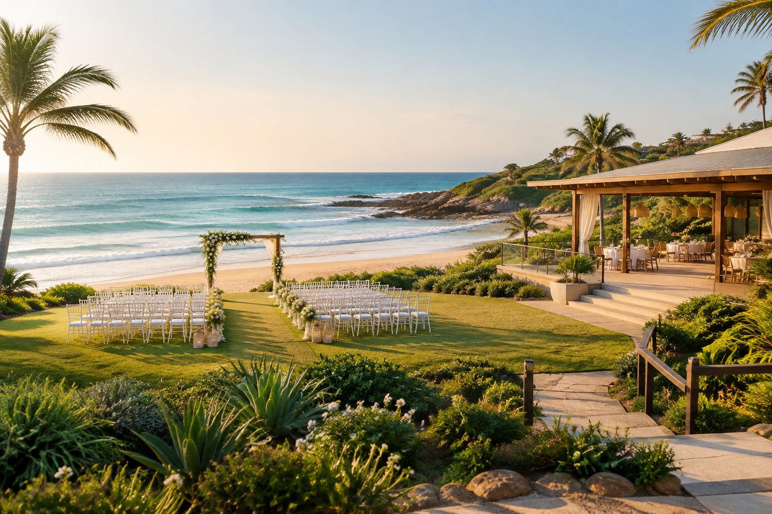 Elegant beach wedding ceremony setup beside a sandy Ballito coastline with turquoise water and lush greenery.