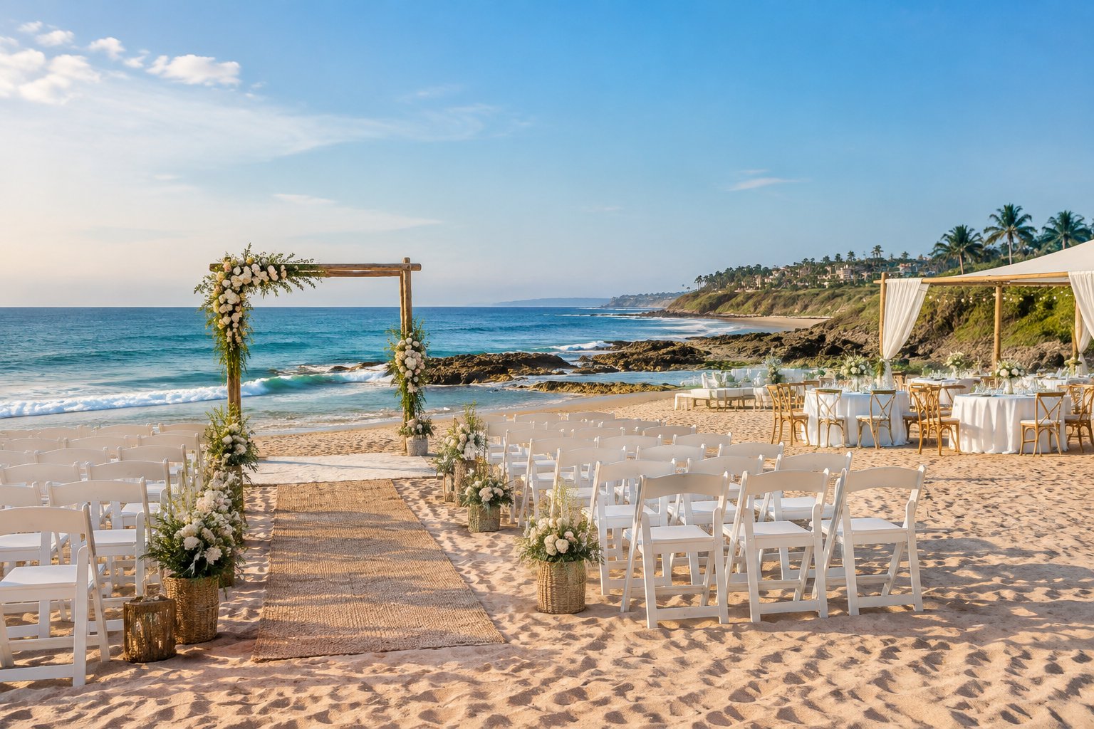 A beach wedding ceremony and reception setup beside the ocean in Ballito.
