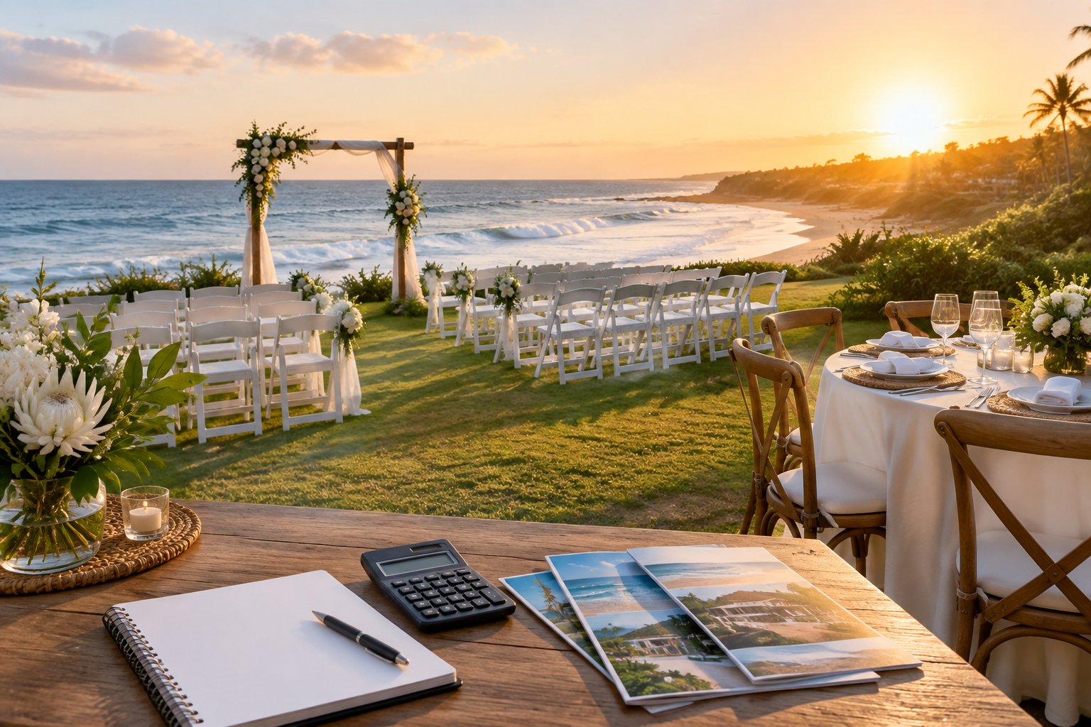 A beachfront wedding ceremony setup with chairs, flowers, and a table holding wedding planning materials beside the ocean.