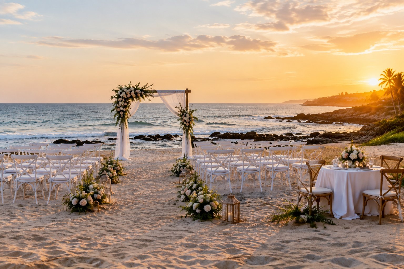 An elegant wedding ceremony setup on a sandy beach beside the ocean at sunset.