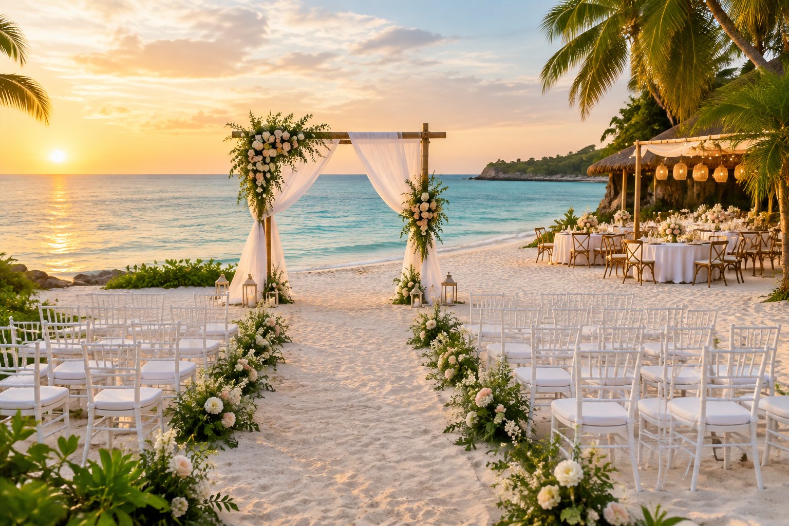 A decorated wedding ceremony venue on a tropical beach overlooking calm turquoise water.
