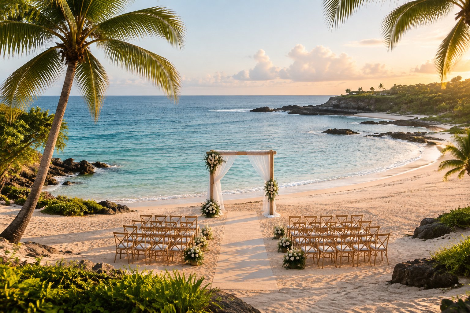 A beach wedding ceremony setup on a tropical coastline with turquoise water, palm trees, and a rocky shore in the distance.