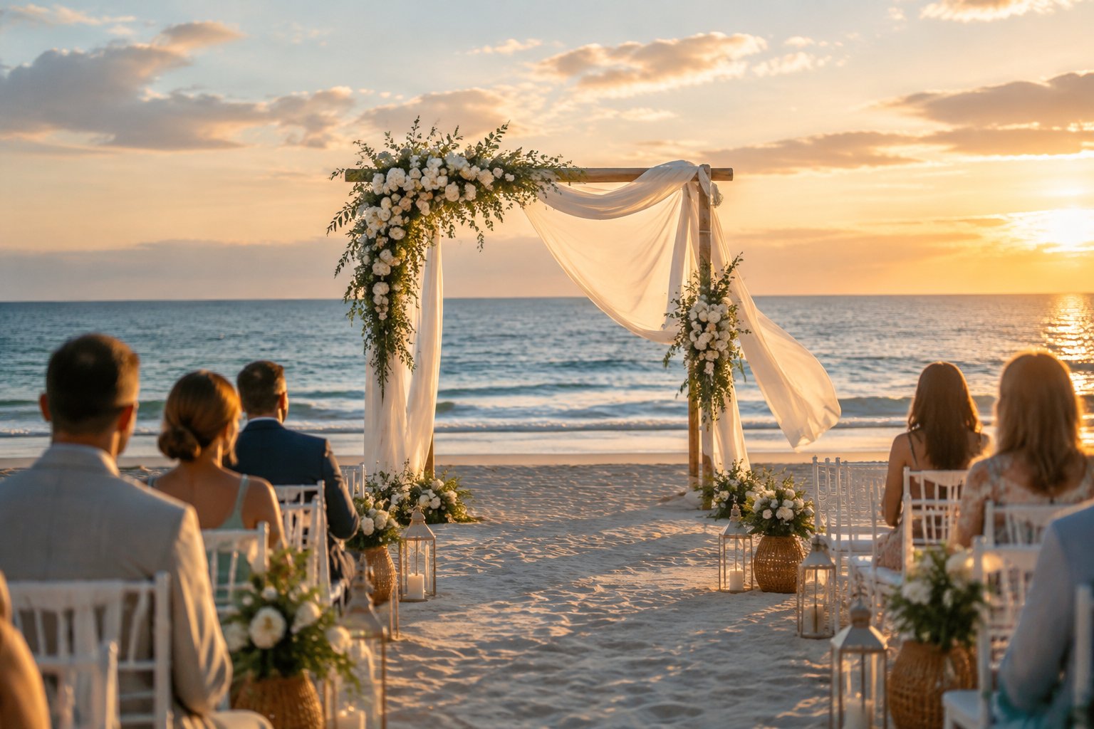 Elegant beach wedding ceremony with white flowers, chairs, ocean views, and guests at sunset.