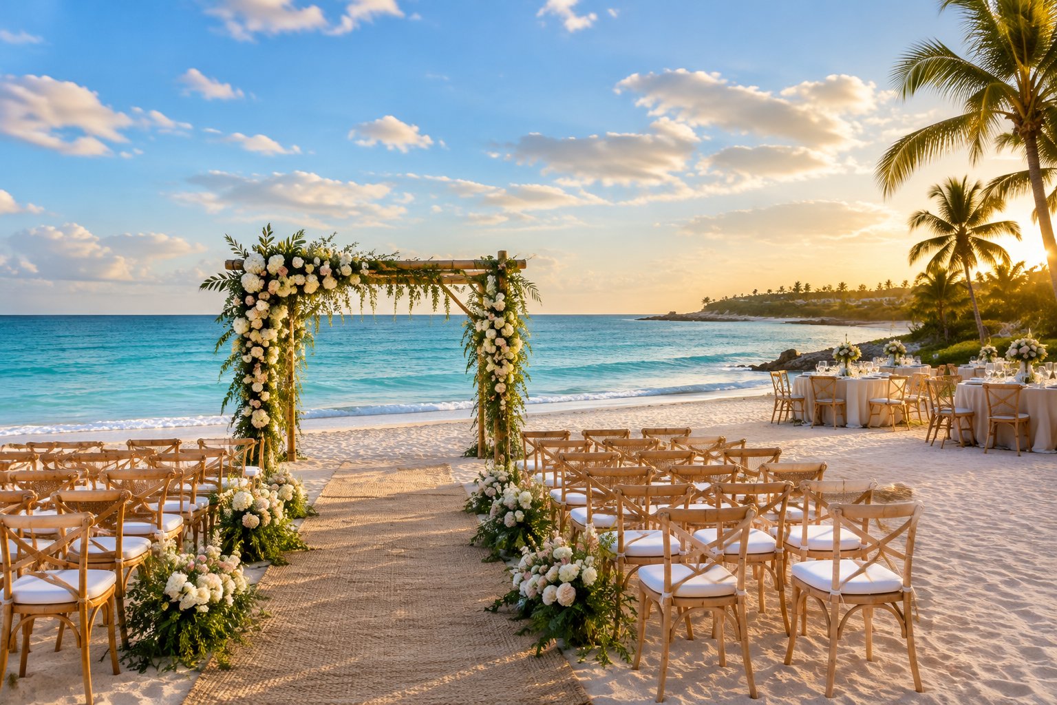An elegant wedding ceremony setup on a tropical beach with a floral arch, chairs, ocean, and a softly lit reception area.
