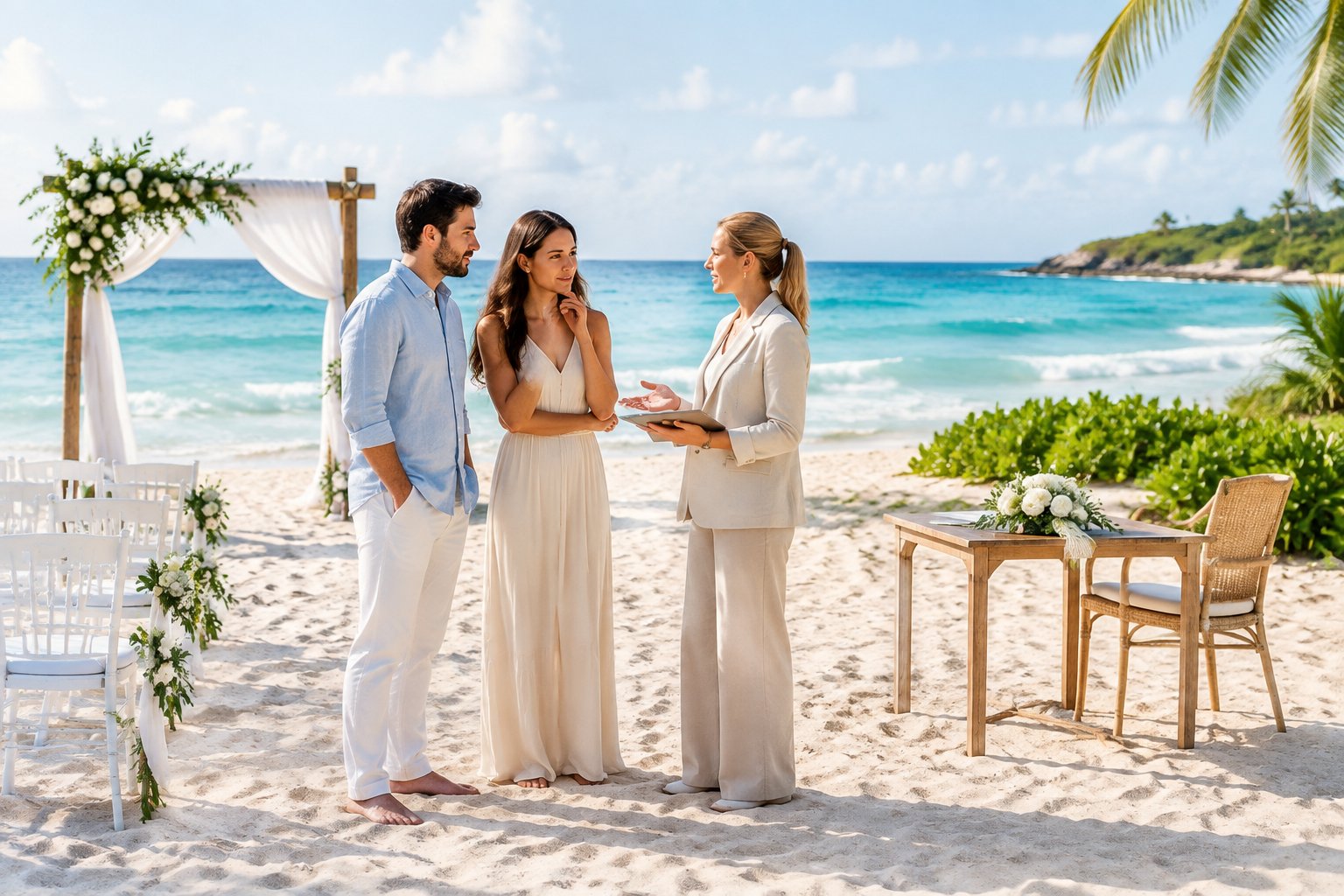 A couple discusses a beach wedding venue with a coordinator beside a decorated seaside ceremony setup.