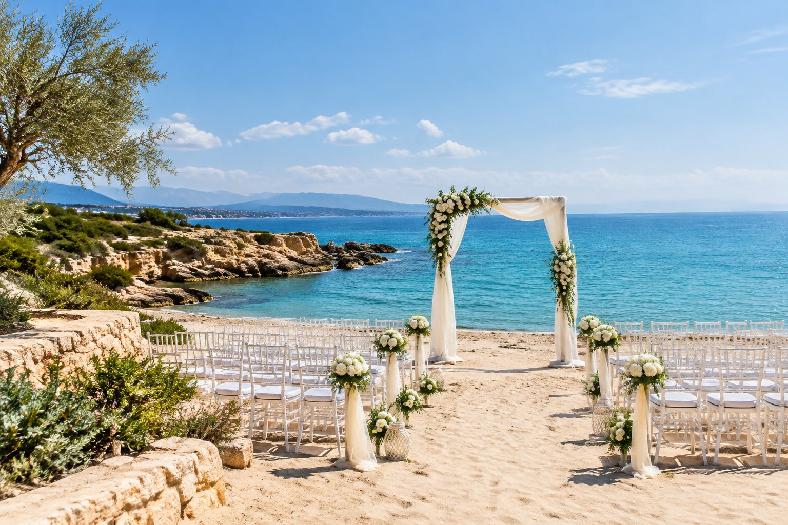 A decorated wedding ceremony setup on a sandy Cyprus beach beside turquoise Mediterranean water.