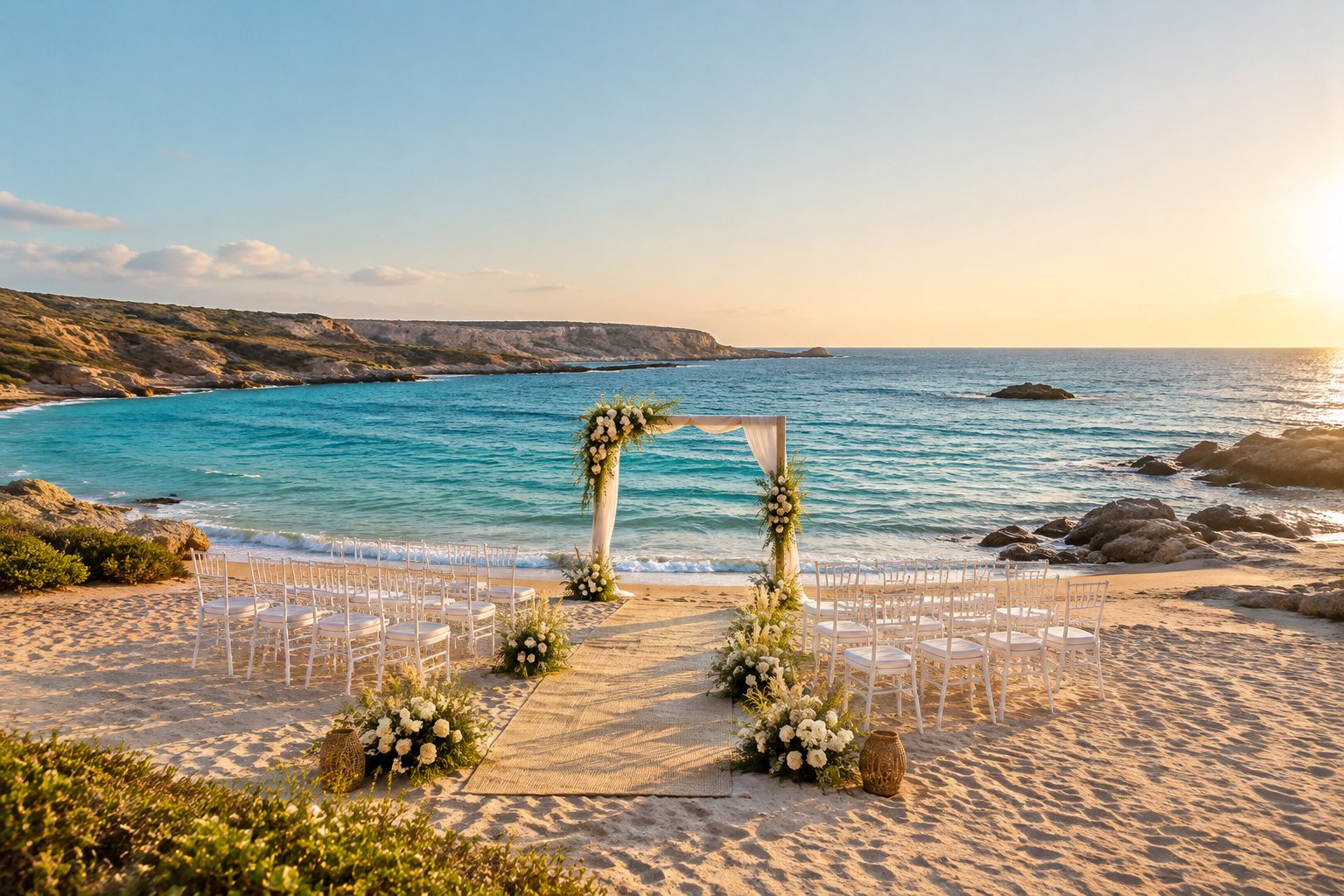 A decorated wedding ceremony setup on a sandy beach beside turquoise Mediterranean water and a rocky coastline.