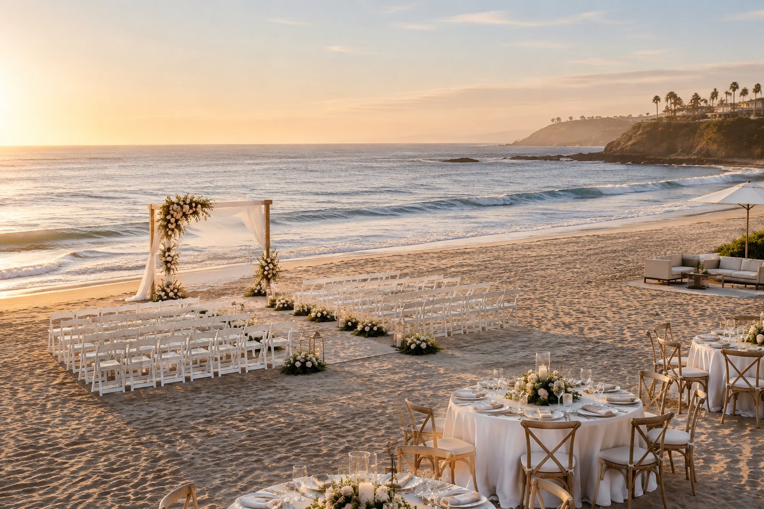 Elegant wedding ceremony and reception setup on a sandy Orange County beach overlooking the Pacific Ocean.