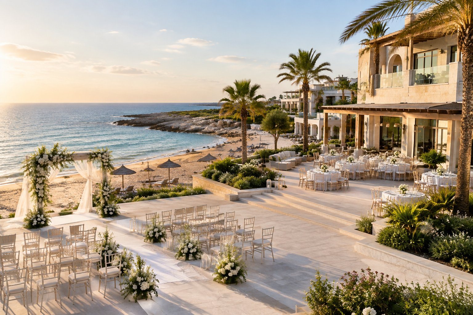 A seaside resort wedding setup with white chairs, floral decorations, and a reception area overlooking the Mediterranean Sea.