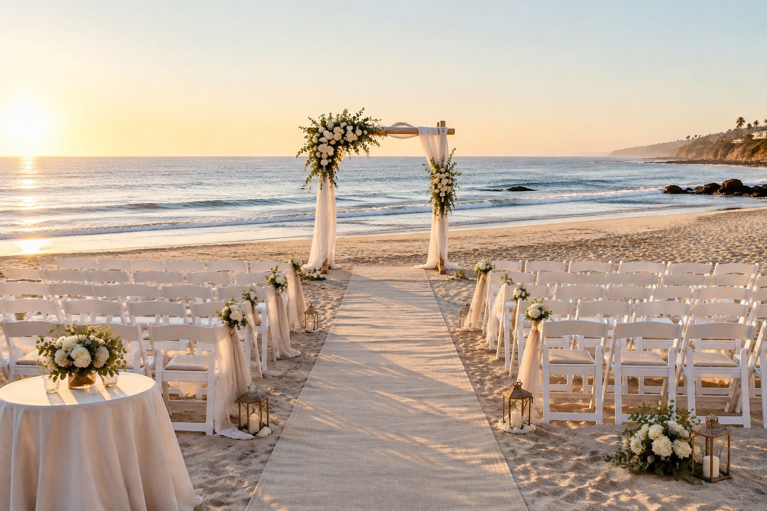 Elegant beach wedding ceremony setup on a sandy Orange County shoreline with ocean waves and a floral arch.
