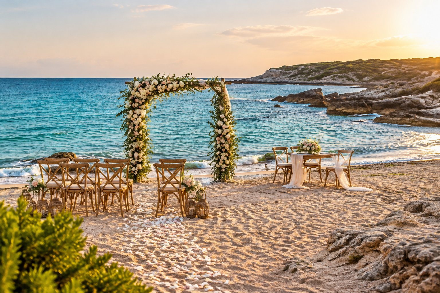An intimate beach wedding setup on the sandy coast of Cyprus beside clear turquoise water.
