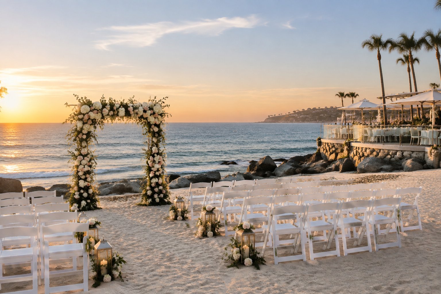 An elegant beach wedding ceremony setup overlooking the Pacific Ocean at an upscale coastal resort.