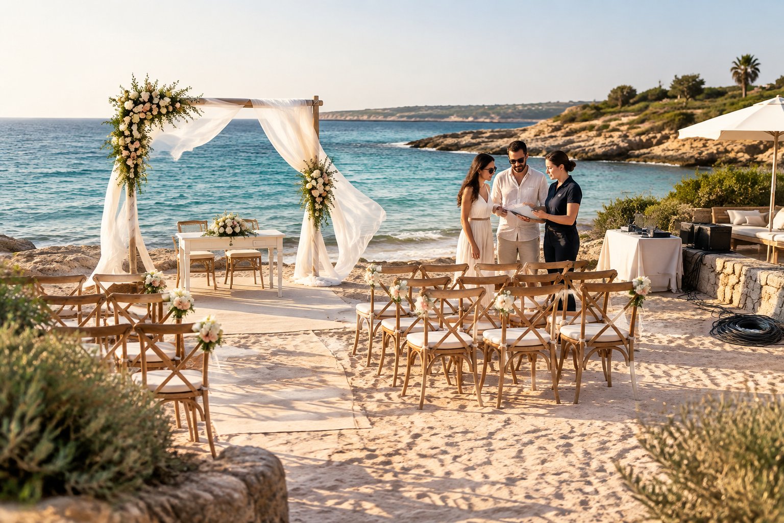 A couple reviews a beach wedding ceremony setup with a coordinator on a sunny Cyprus coastline.