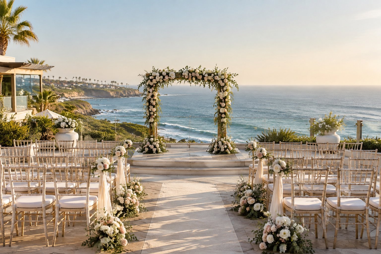 An elegant coastal wedding ceremony setup on a landscaped terrace overlooking the Pacific Ocean.