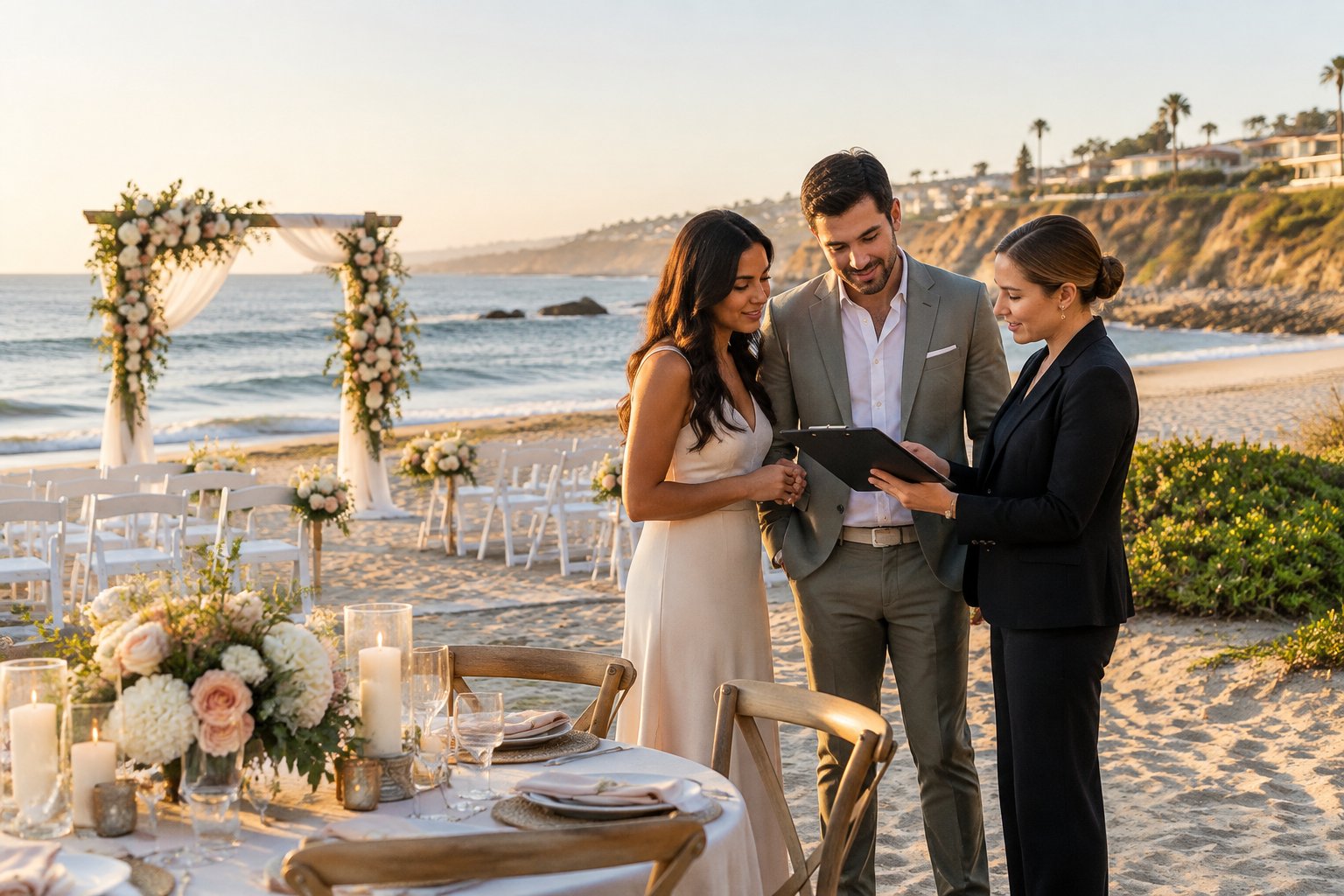 A couple and wedding planner review plans beside an elegant beach wedding setup on an Orange County shoreline.
