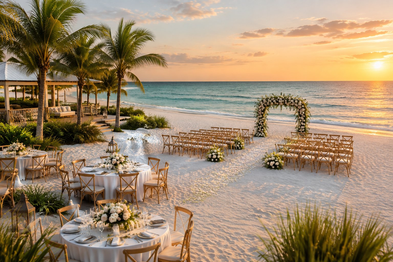 An elegant wedding ceremony and reception setup on a sandy beach beside calm turquoise water at sunset.