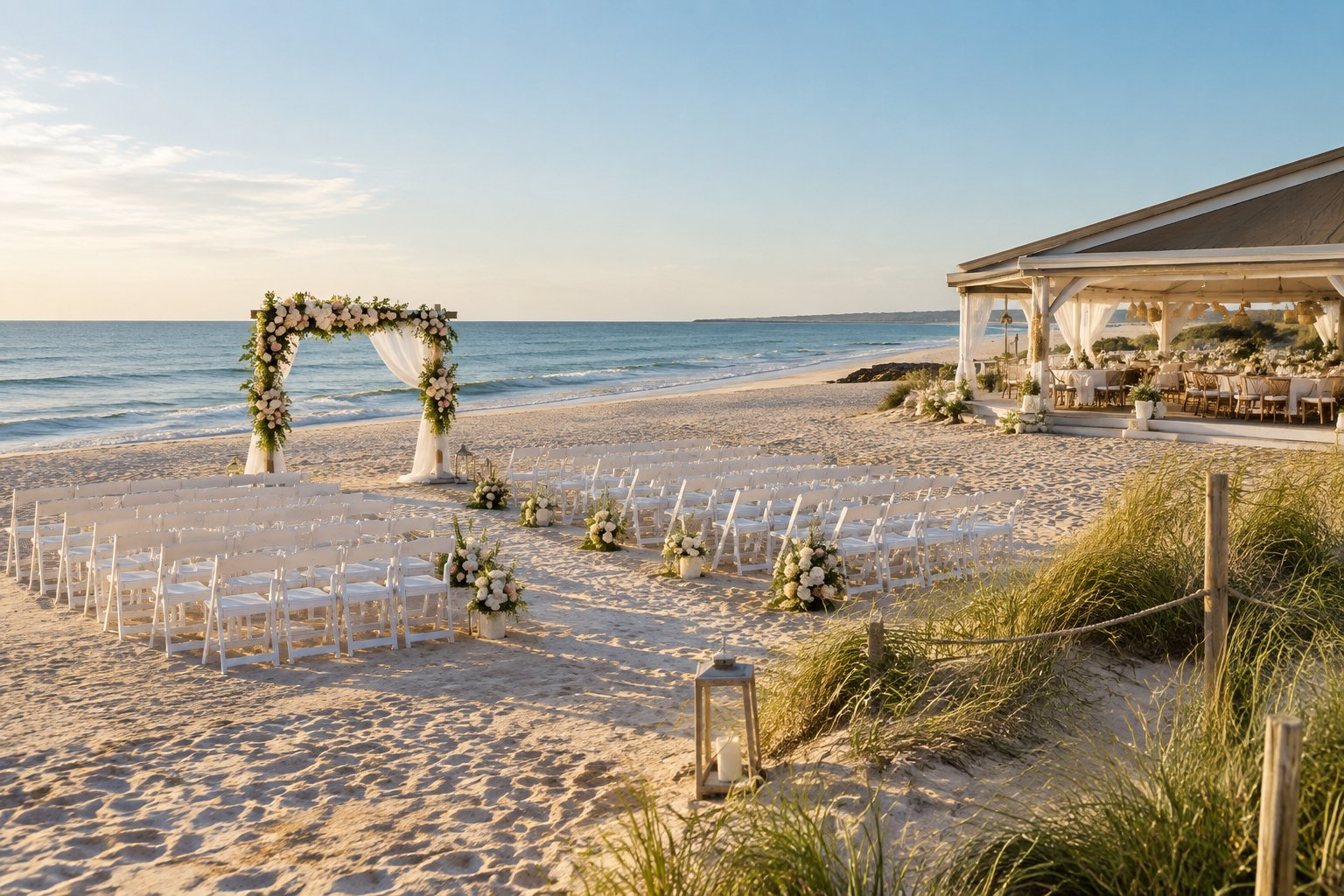 An elegant wedding ceremony setup on a sandy beach beside a calm blue ocean.