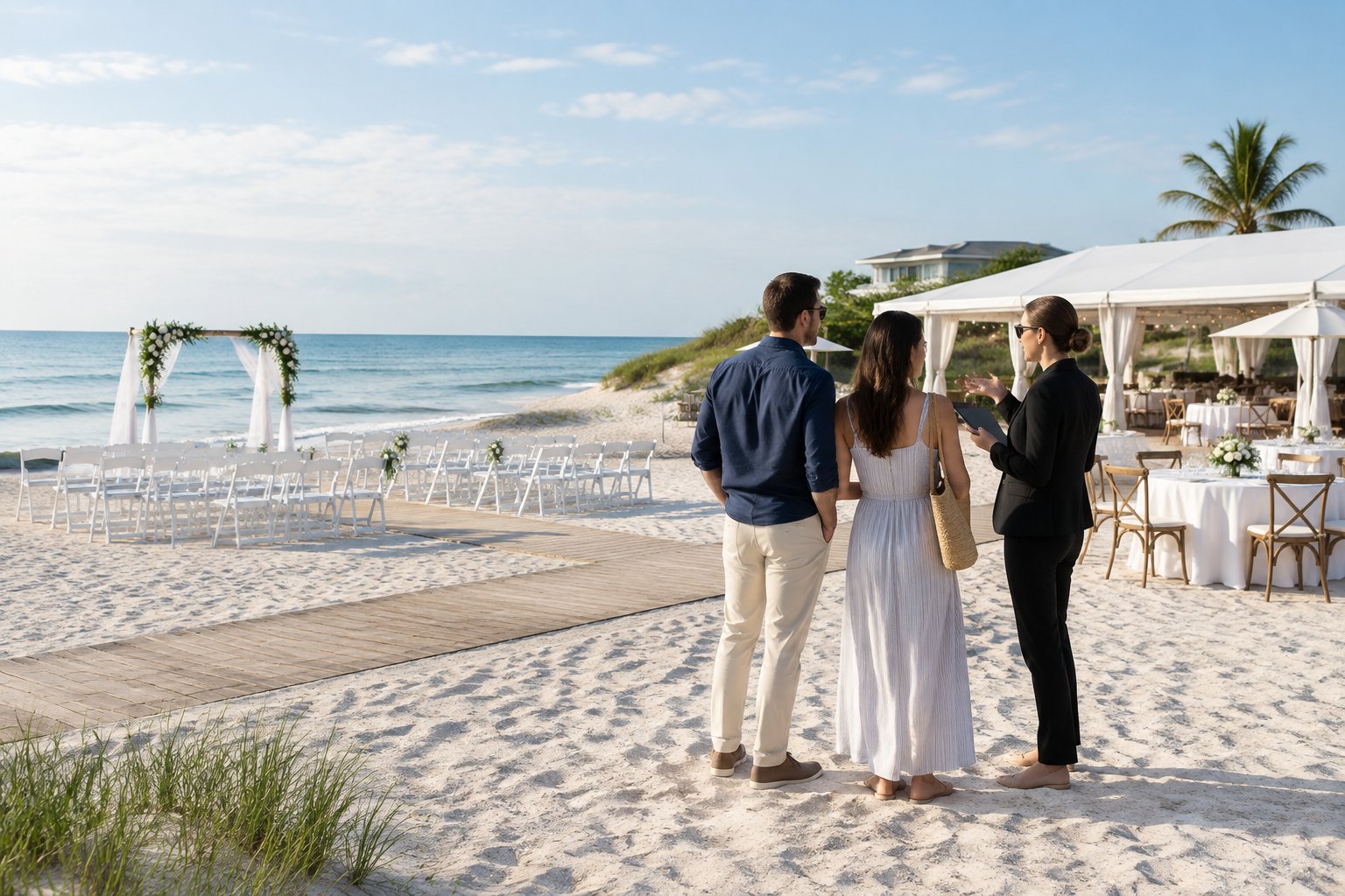 A couple and wedding planner inspect a thoughtfully arranged beach wedding venue beside the ocean.