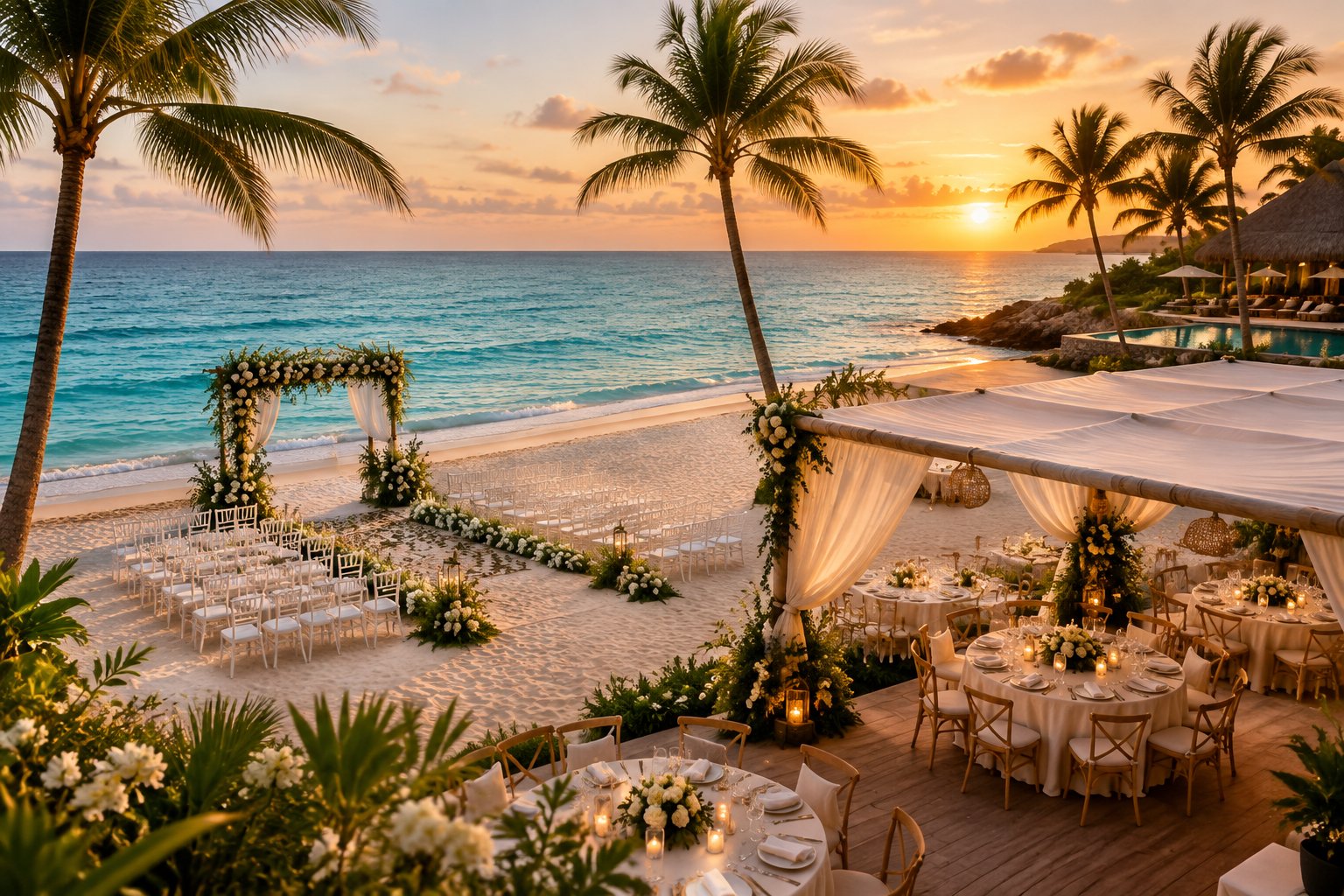 An elegant wedding ceremony and reception setup on a sandy beach beside a turquoise ocean.