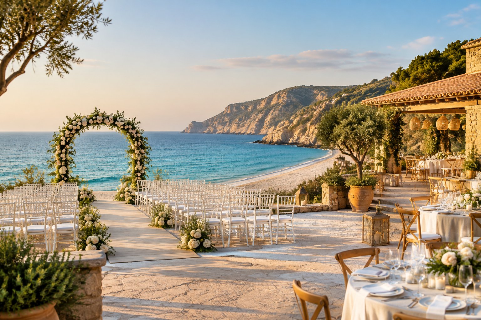 An elegant wedding ceremony setup on a sunny European beach beside turquoise water and coastal cliffs.