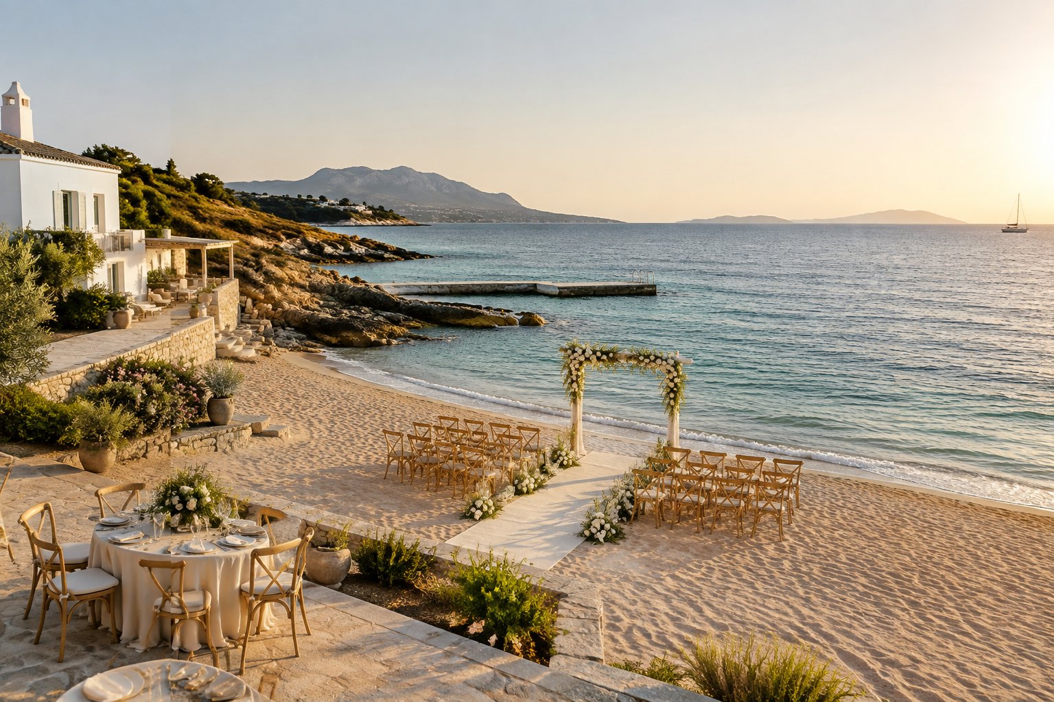 An elegant beach wedding venue beside a European coastline with a floral arch, arranged chairs, and calm blue-green water.