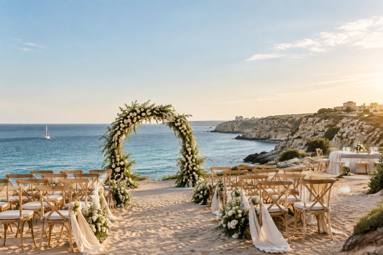 An elegant seaside wedding ceremony on a sunny European coastline.