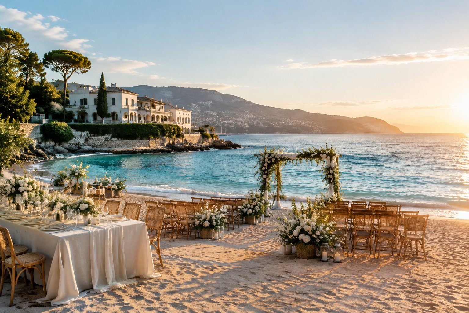 An elegant wedding setup on a sunny European beach beside turquoise sea and a whitewashed coastal venue.