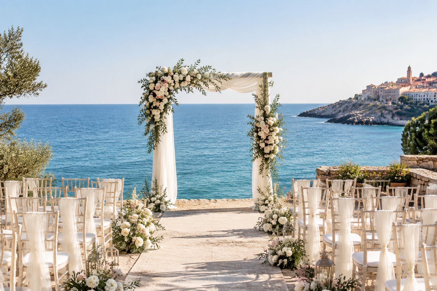 Elegant wedding ceremony setup on a sunny European beach overlooking the Mediterranean Sea.