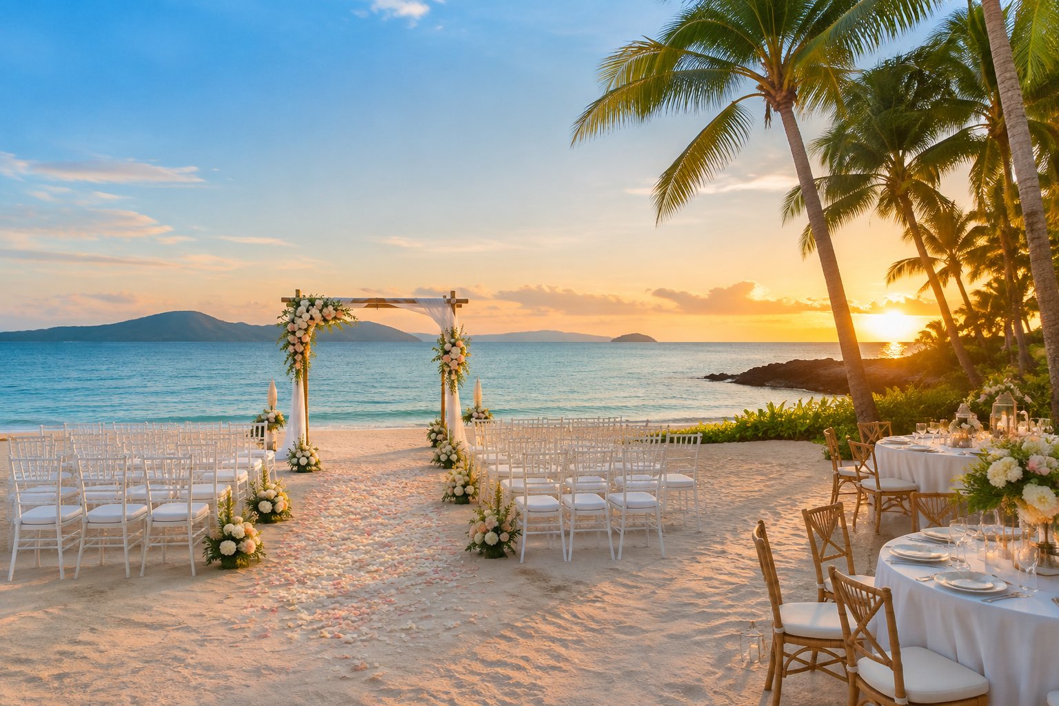 An elegant beach wedding ceremony setup on a tropical Philippine beach with white chairs, floral decorations, palm trees, and turquoise water.