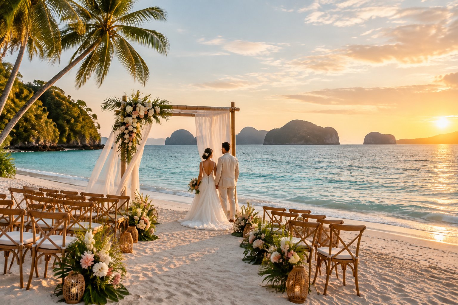 A tropical beach wedding ceremony set on a white sandy Philippine beach at sunset.
