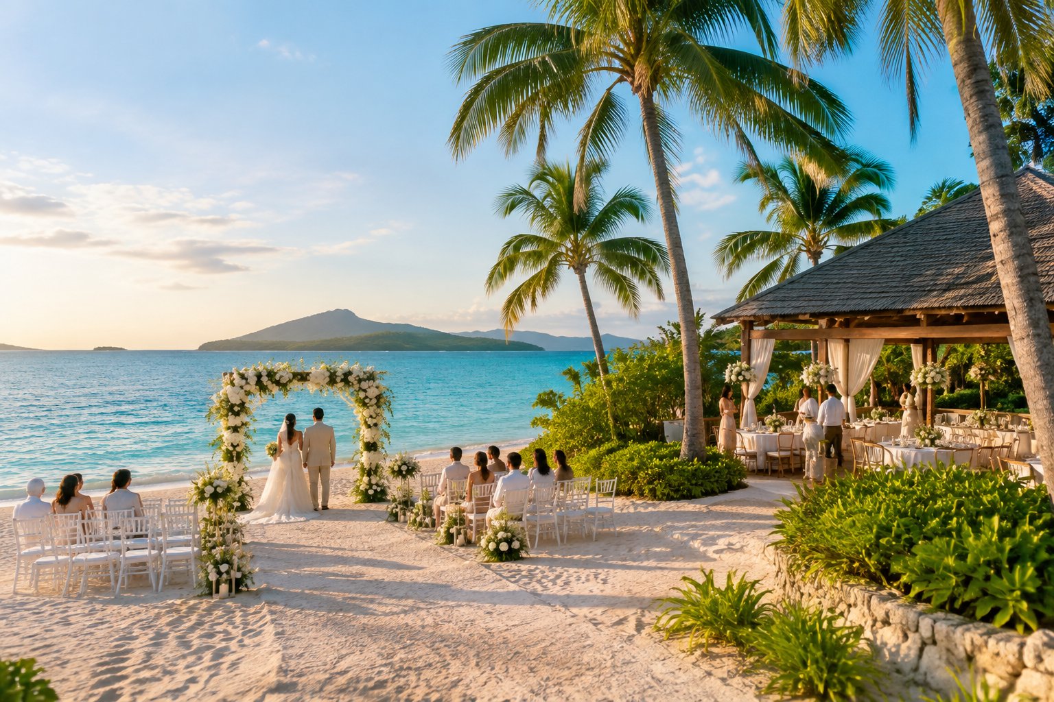 An elegant wedding ceremony setup on a tropical beach beside a luxurious resort.