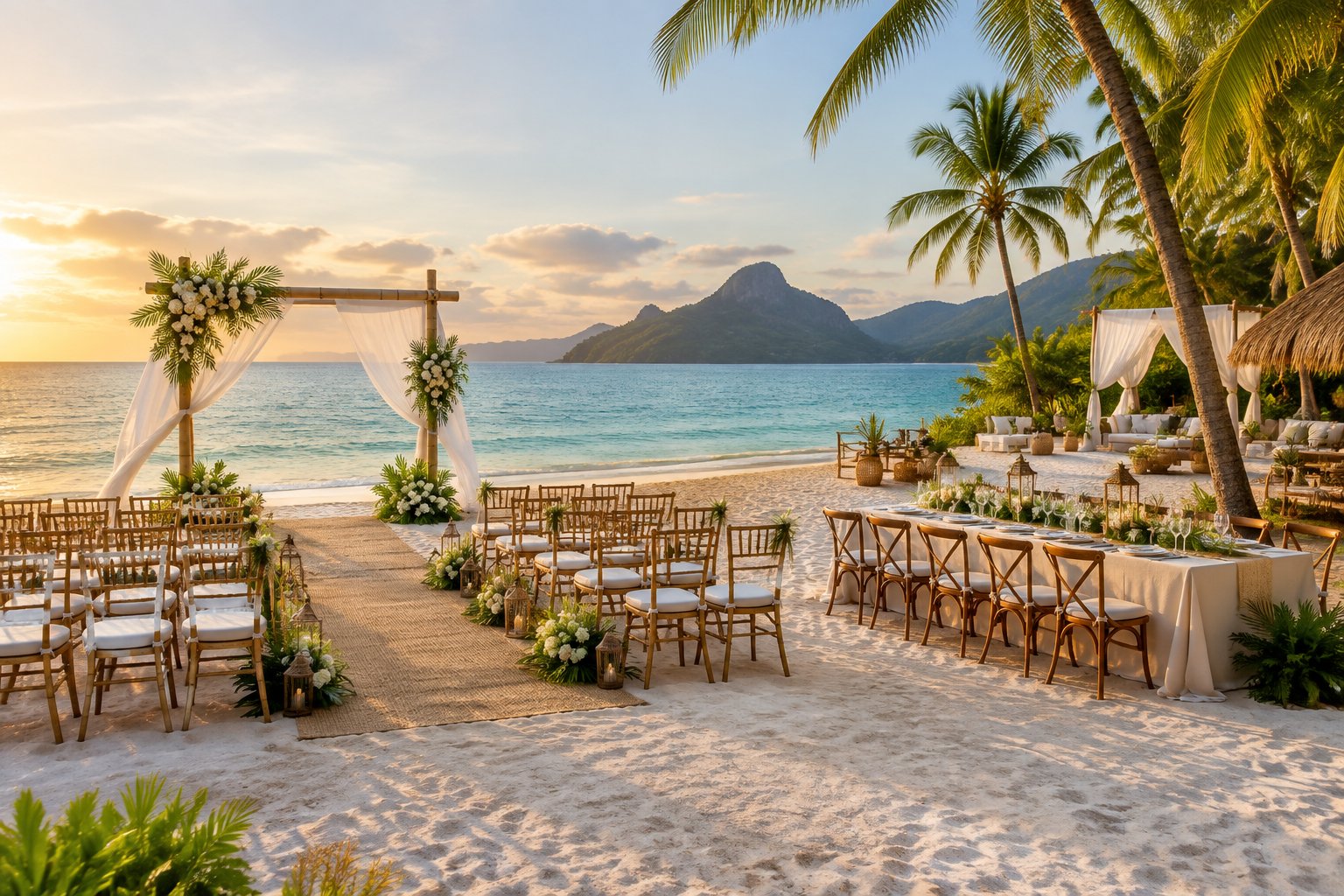 An elegant beach wedding ceremony and reception setup on a tropical Philippine coastline.