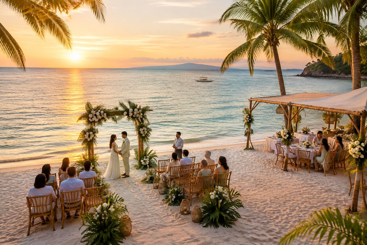 A Filipino beach wedding ceremony set on a tropical shoreline at sunset.