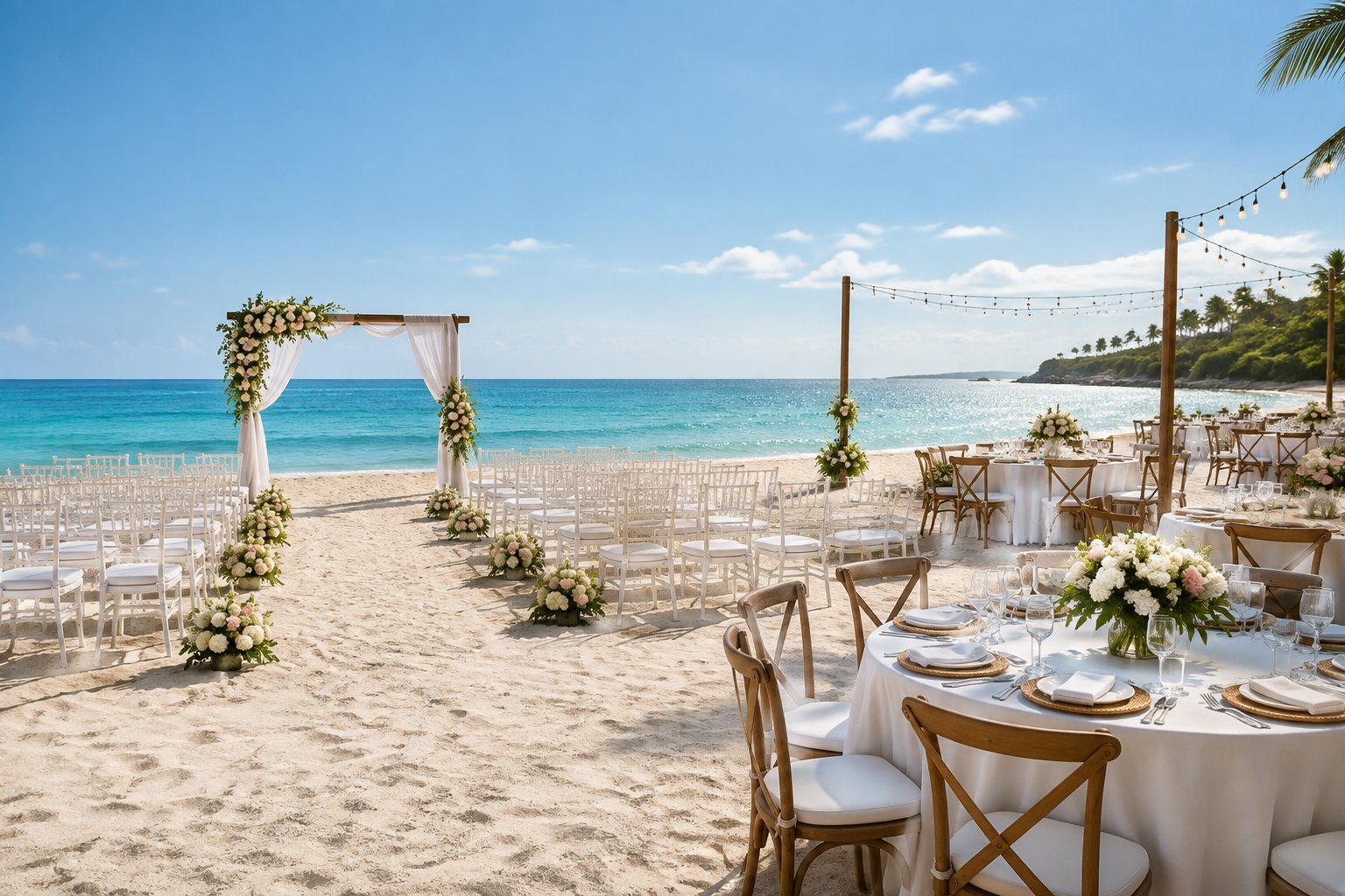 A decorated beach wedding venue with white chairs, a floral arch, and reception tables overlooking the ocean.
