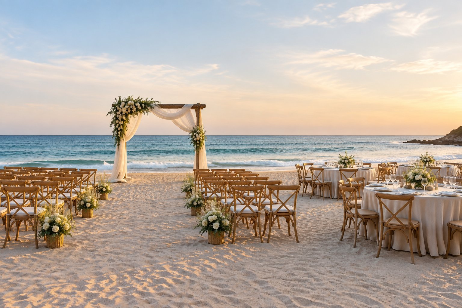 A decorated beach wedding ceremony and reception setup beside the ocean.